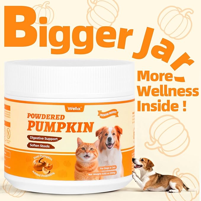 Wellix Pumpkin Powder for Dogs & Cats - Fiber Supplement, Digestion Support, Firms Stool, Dog & Cat Diarrhea, Constipation Relief, Gut Health - Food Topper for Dogs & Cats, Larger Volume