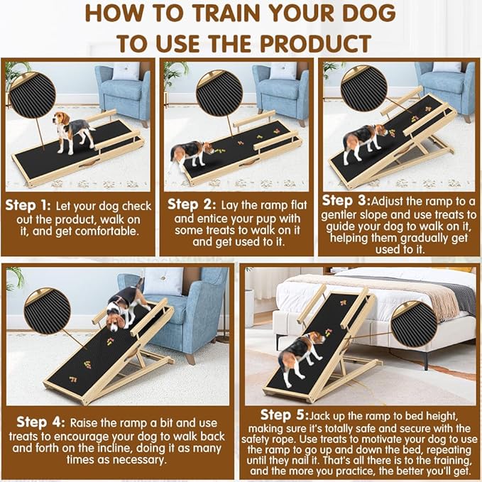 Dog Ramp for Couch, Bed or Car, Wooden 44" Long Pet Stairs for Small & Large Old Dogs & Cats, Hold up to 200lb, 5 Adjustable Height from 14.96" to 22", Portable Doggie Steps, Excellent Traction