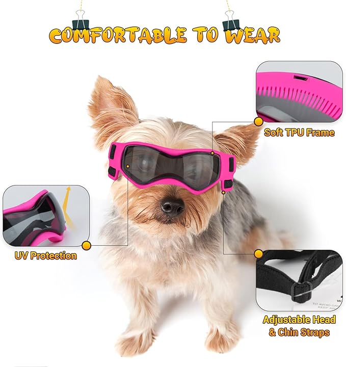 Small Breed Dog Goggles, Pink Sunglasses with UV Protection and Adjustable Straps