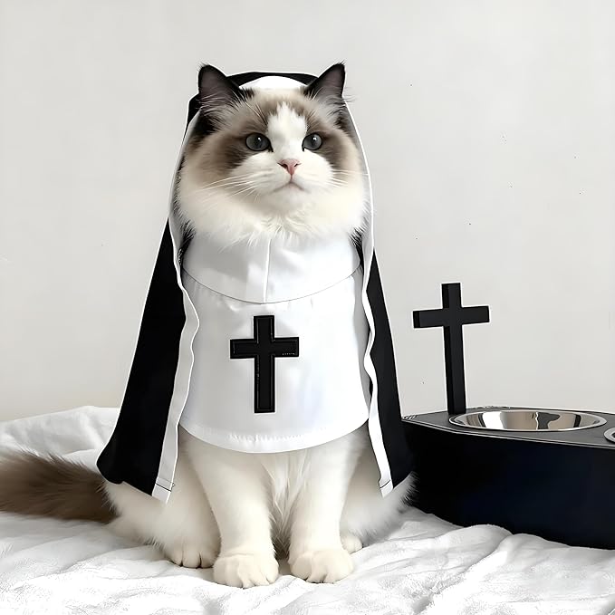 Halloween Cat Costume Nun Dress - Funny Pet Cosplay Apparel for Cats & Small Medium Dogs, Adjustable Nun Habit Cloak for Halloween Party, Christmas, Holidays - Cute Pet Clothing Costume Accessories