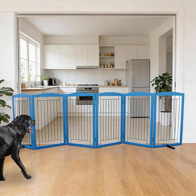 ZJSF Freestanding Dog Fence Indoor, Foldable Dog Gate for Doorways, Stairs or Hallways, Sturdy Wood Extra Wide Pet Gate with Support Feet for The House, Blue, 32 "Height-6 Panels