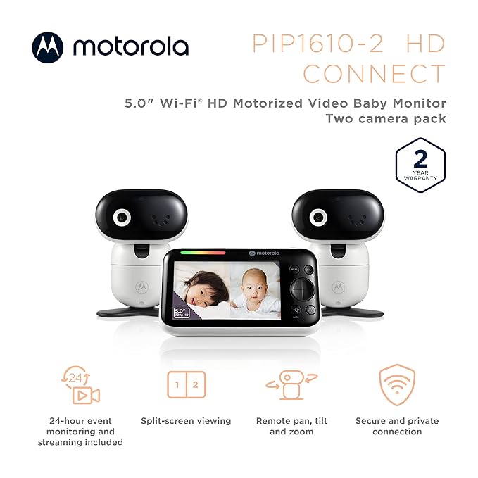 Motorola Nursery WiFi Baby Monitor with 2 Cameras, 5" Screen, Wall Mount, Long Range, 2-Way Audio, Temperature Sensor, Motorized, Lullabies, PIP1610-2 HD Connect
