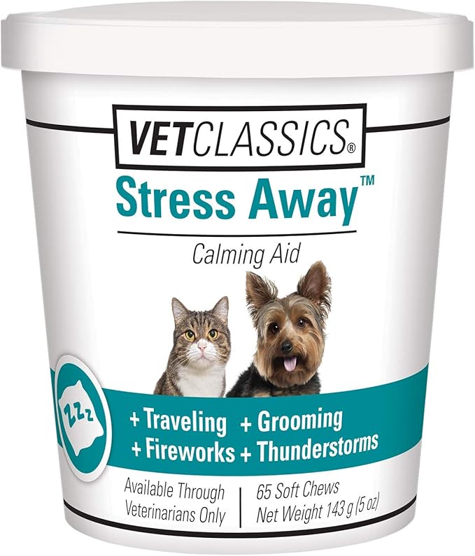 Vet Classics Stress Away Calming, Anxiety Aid for Dogs and Cats – Soft Chew Pet Health Supplement for Dogs, and Cats - Melatonin, Ginger – 65 Soft Chews