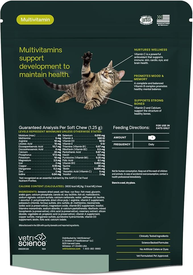VetriScience 27+ Active Health Chews, Nu Cat Daily Multivitamin for Cats and Kittens, Balanced Vitamins, Minerals and Antioxidants, Health and Wellness Support, Fish, 30 Count