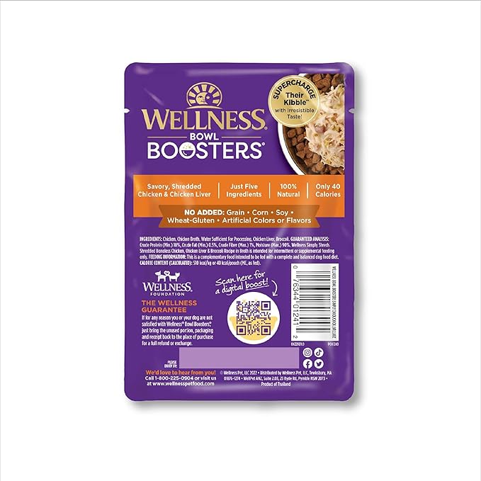 Wellness Bowl Boosters Simply Shreds Wet Dog Food Topper for Small, Medium, and Large Breeds, Grain Free, Natural, Chicken Liver and Broccoli Recipe, 2.8 oz, Pack of 12 Pouches