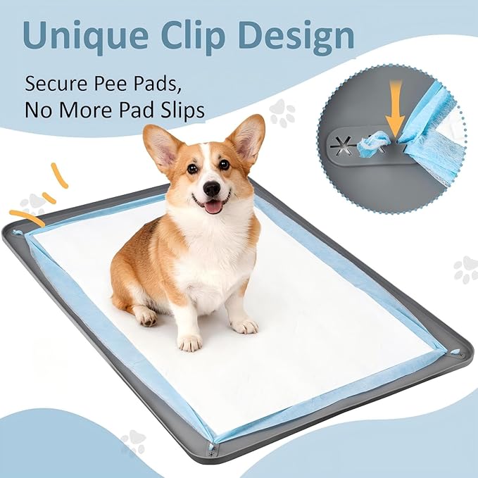 Pee Pad Holder for Dogs,25 x 36 Inch Dog Potty Tray with Clips Silicone Dog Puppy Pad Tray,Non-Slip Leak-Proof High Edge Puppy Pee Tray Mat for Home Floor Protection