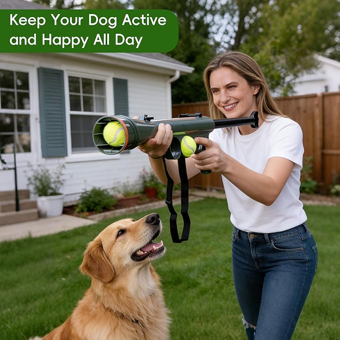 Dog Tennis Ball Blaster Dog Toy Ball Thrower Launcher with 2 Balls (Green)