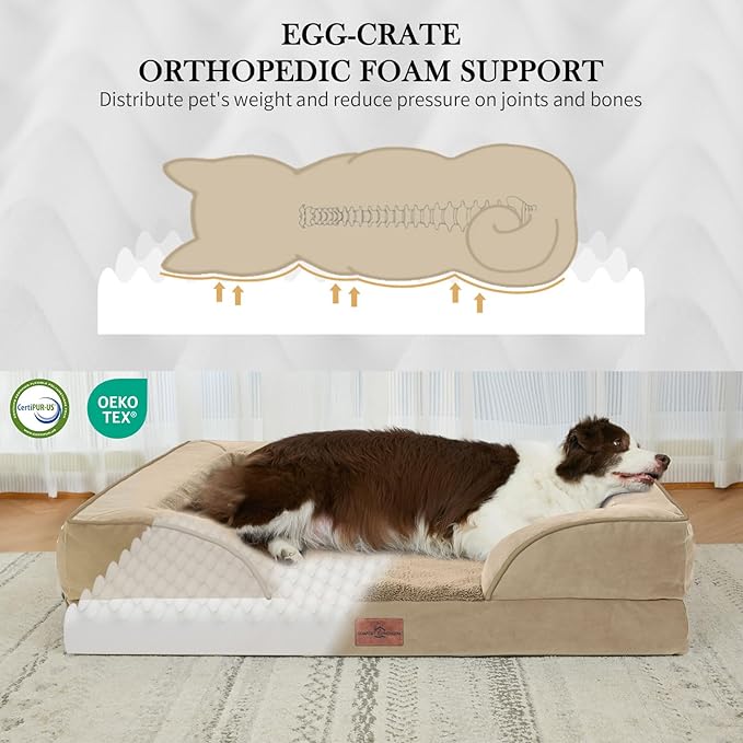 Comfort Expression Orthopedic Dog Bed for Extra Large Dogs 42x30 Inch, Waterproof Egg Crate Foam XL Pet Bed with Removable Bolsters, Dog Couch with Washable Cover & Non-Slip Bottom, Light Brown