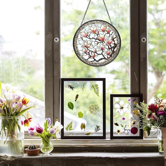 Stained Glass Window Hanging - Flowers Suncatcher - Vibrant Sun Catchers Indoor Hanging Decor, Flower Gifts for Women & Plant Lovers, Housewarming, Friendship， Birthday or New Home Celebration