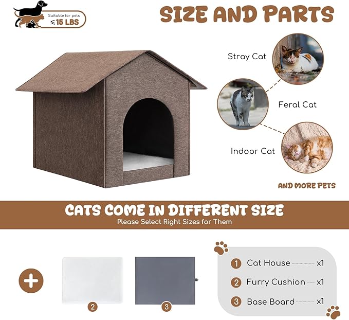 Outdoor Cat House Weatherproof, Insulated Cat Dog Houses for Outdoor/Indoor Cats for Winter, Waterproof Feral Stray Cat Shelter with Warm Cushion for All Seasons, Easy to Assemble, Brown
