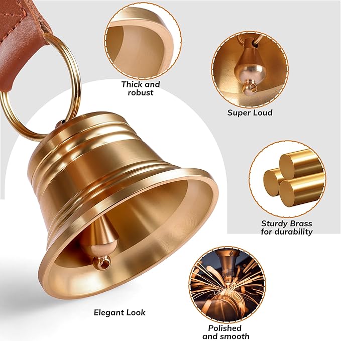 FOLKSMATE Leather Dog Door Bells for Potty Training, Big Brass Puppy Dog Door Bells Extra Loud for Dogs Training, Housebreaking, Door Knob, Dog Bell to Ring to Go Outside Puppy Pet Supplies Leather
