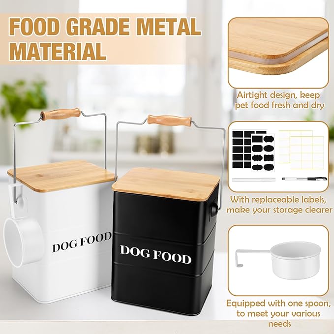 Tioncy 2 Pcs Metal Dog Food Storage Containers Total 10-14 Lbs (50 Cup) Capacity, Airtight Pet Food Canister with Bamboo Lids Scoop DIY Labels Dog Treat Storage Jars for Kitchen Counter(Black，white)