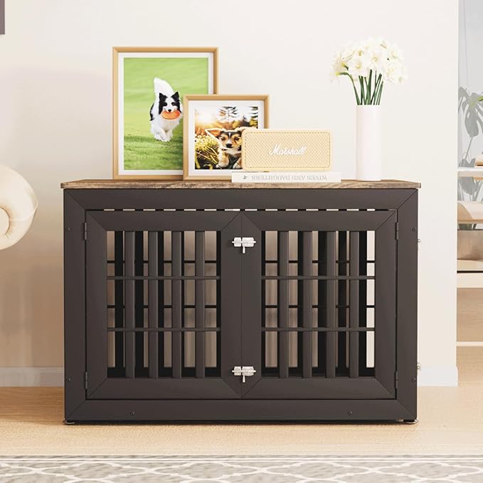 42" Heavy Duty Dog Crate Furniture for Small,Medium and Large Dogs,Rustic Wooden Dog Cage Kennel Indoor Furniture with Waterproof Top,Decorative Pet House Side End Table (Black & Wood)