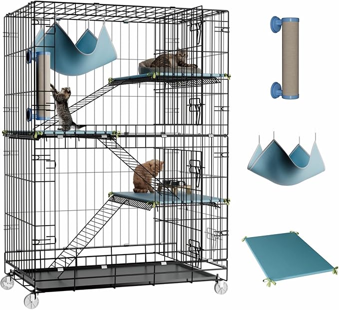 4-Tier Cat Cage Indoor: Large Cat Enclosure Pet Playpen Detachable Metal Wire Kennel Collapsible Crate with Scratching Post & Plush Pads & Hammock for Cats Kittens