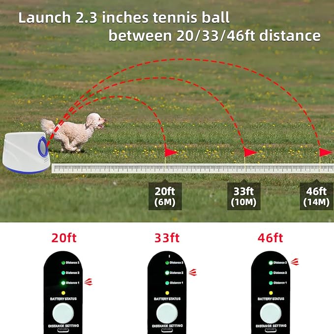 Automatic Dog Ball Launcher-Small Silent Dog Ball Thrower, 3 Adjustable Distances (20ft/33ft/46ft), Rechargable,Includes 3 Durable 2.3" Balls for Small/Medium Dogs (Blue, Medium)