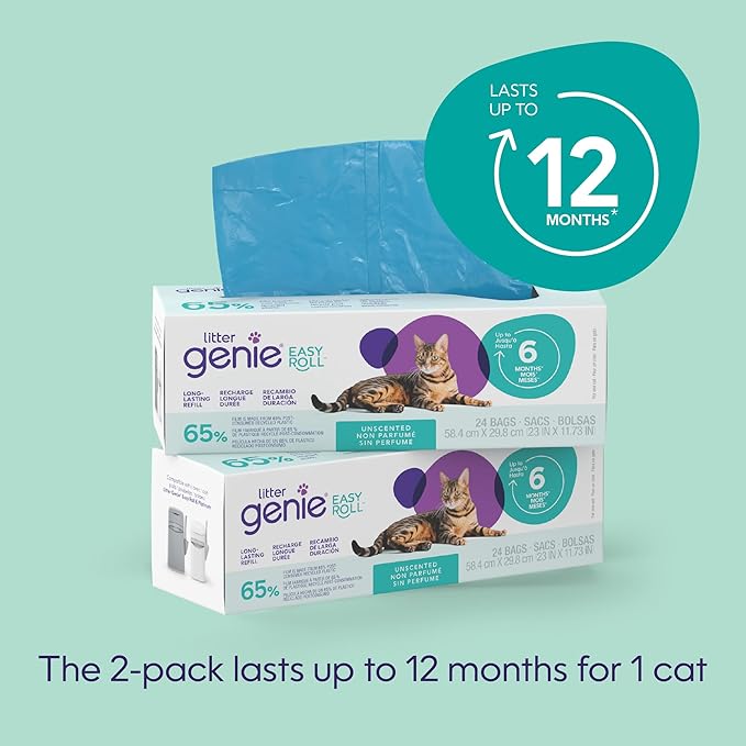 Litter Genie Easy Roll Refill Bags (2-Pack) | 65% Recycled Plastic | Up to 12 months of supply in 2 Rolls of 24 tear-off Bags | Zero Plastic Packaging Cat Litter Bags