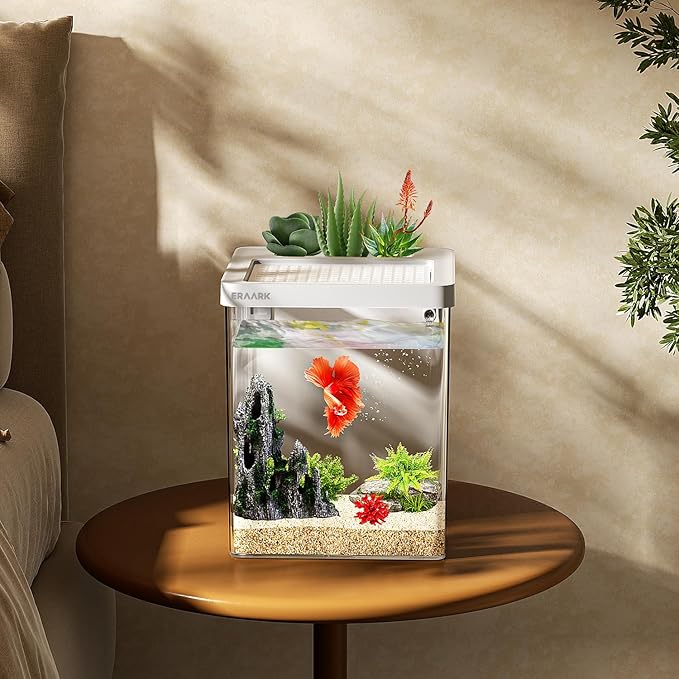Smart Betta Fish Tank 1.5 Gallon Aquarium with Filter LED Light, Water Pump, Fish Bowl (White)