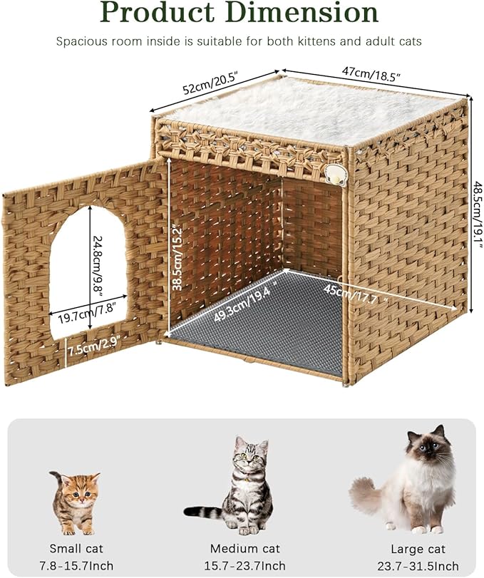 Cat Litter Box Enclosure Furniture with One Cat Bed Pad, Hidden Litter Box Handwoven Rattan Cat House with Two S-Shaped Hooks for Living Room, Bedroom, 18.5 x 20.5 x 19.1 Inch,Natural