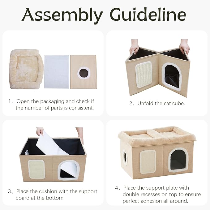 WINDRACING Cat Beds for Indoor Cats - Extra Wide Cat House for Pet and Foldable Cat Cave Bed with Scratch Pad, Cat Hideaway Condo for Kitten, 24.4x16.9x14.2 inches, Beige