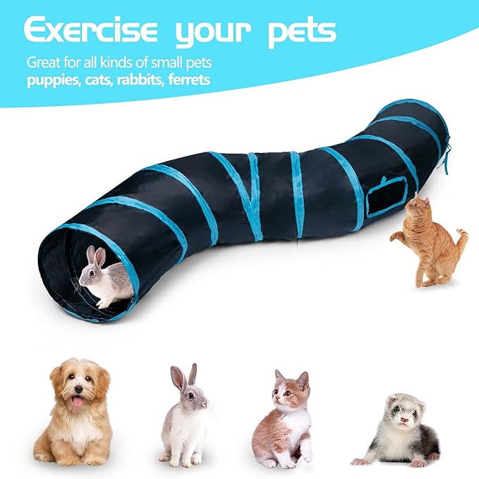 Sheldamy Cat Tunnel, S-2-Way Cat Tunnels for Indoor Cats, Collapsible Cat Play Tunnel, Interactive Toy Maze Cat House with 1 Play Ball for Cats, Puppy, Kitty, Kitten, Rabbit (Blue & Black)