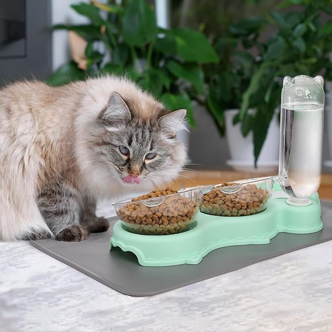 Triple Cats Bowls, Cat Food Water Bowl with Mat and Scoop, 15° Tilted Raised Cat Bowl Dishes with Automatic Water Bottle, Pet Feeding Bowls for Cats, Small Dogs, Wet, Dry Food