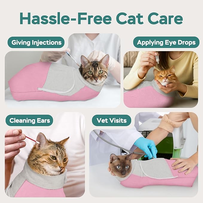 Self-Adhesive Cat Grooming Wrap, Cozy Cat Wrap for Cutting Nails, Breathable Anti-Scratch Cats Swaddle Bag for Brushing, Ear Cleaning, Dental Care, Medication, Injections, Pink S