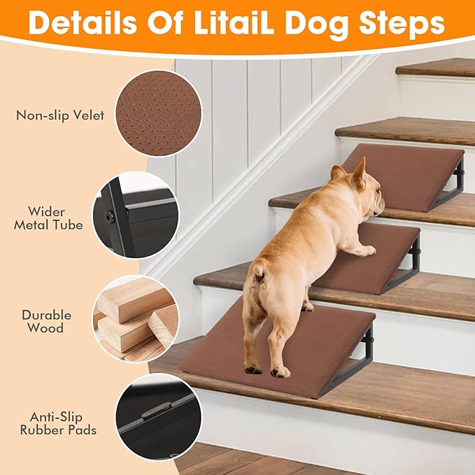 Dog Ramps for Staircase - Pet Steps Stairs for Staircase with Anti-Slip Bottom Suitable for Small Dogs, 3 Packs Extra Wide Metal Frame Dog Ramp for Injured and Older Pets (Brown)