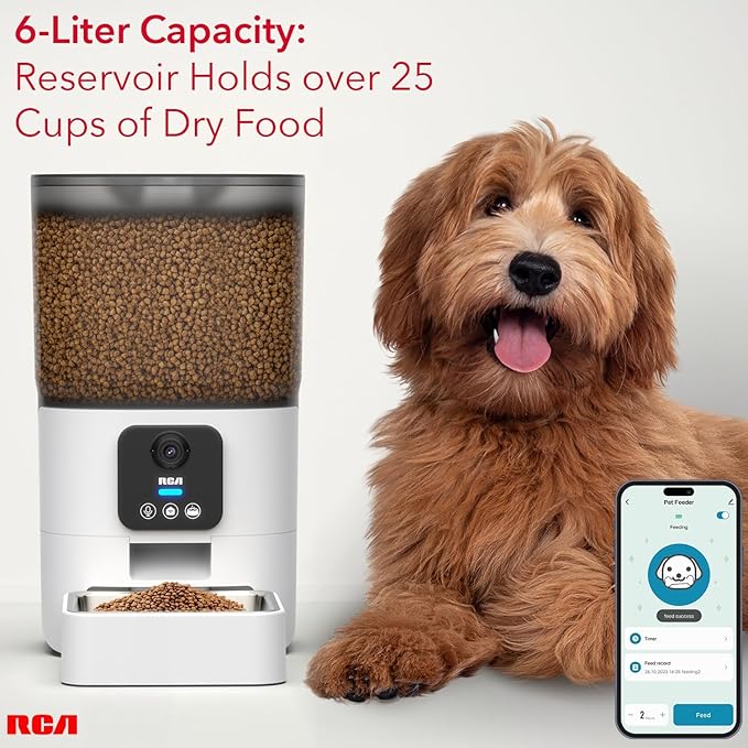 RCA Smart Automatic Pet Feeder with 1080p HD Camera, WiFi App Controlled Cat & Dog Food Dispenser with Two-Way Audio, Motion Detection, Night Vision, Portion Control, Alexa Compatible Feeder