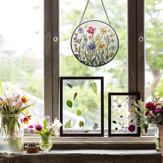 Colorful Flowers Stained Glass Suncatcher for Windows - Vibrant Sun Catchers Indoor Hanging Decor, Floral Gift for Women, Plant Lovers, Housewarming, Birthday, Mother's Day or New Home Celebration