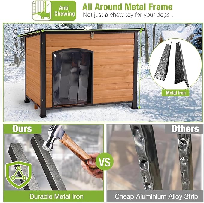 GUTINNEEN Large Heated Dog House Outdoor 43.3" L Insulated Winter Dog Kennel with Metal Frame for Medium to Large Dogs Outside with Heater and Insulated Liner for Winter, Brown