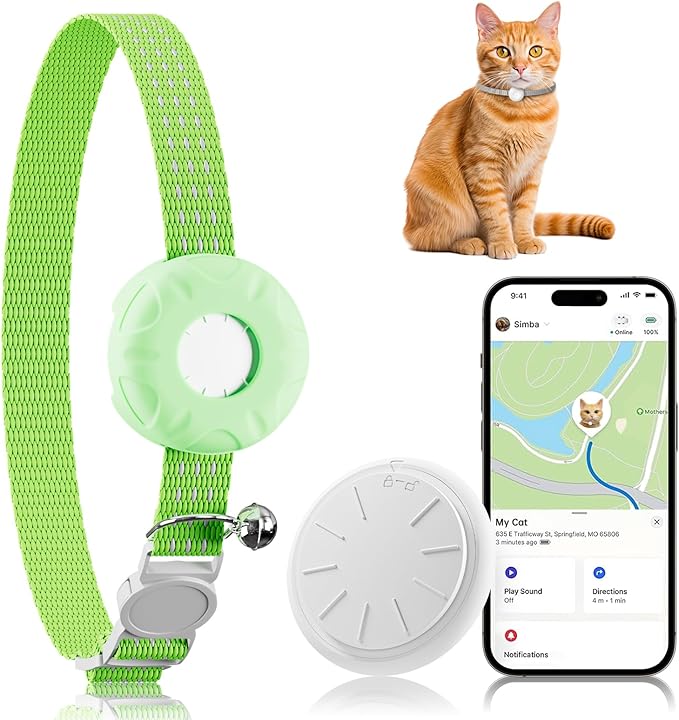 Cat Tracker, MINI Pet Tracker for Cats, No Monthly Fee GPS Tracker for Cat, Compatible with Apple Find My App(Only iOS), Real-Time Tracking, Precise Positioning, Smart Alerts, Green