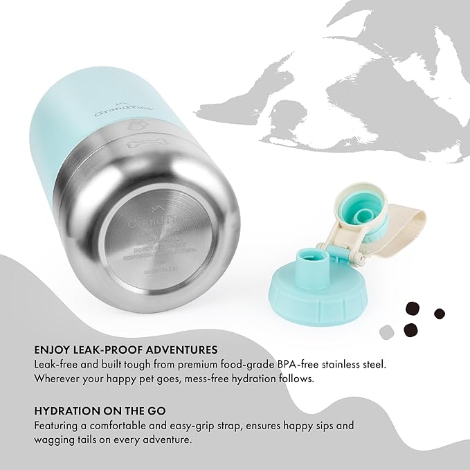 GrandTies Insulated Portable Dog Water Bottle with 2 Detachable Water Bowl Dispenser | Leak-Proof Dog Food Travel Container | Accessories for Dogs Walking, Hiking, Camping (64oz, Powder Green)