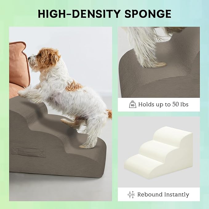 Dog Steps for Small Dogs, 3-Step Pet Ramp Stairs for High Beds and Sofa, Non-Slip Pet Stairs for Small Dogs and Cats, Removable and Easy to Clean Cover, Light Brown