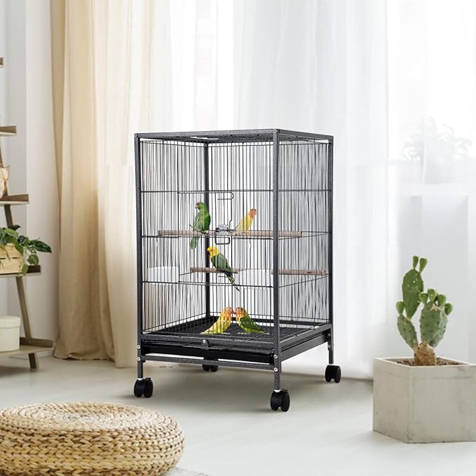 35 Inch Bird Cage with Stand Parrot Cage for Large Birds Parakeet Cages Wrought Iron Parakeet Birdcage with Play Open Top, Bottom Tray, 2 Feeders for Parakeets, Canary, Cockatiel