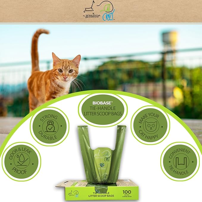 Greenbone Biobase Cat Litter Bags Unscented Tie-Handle Litter Box Bags - 100 Pet Waste Bags - Large 14 Inch x 7.5 Inch
