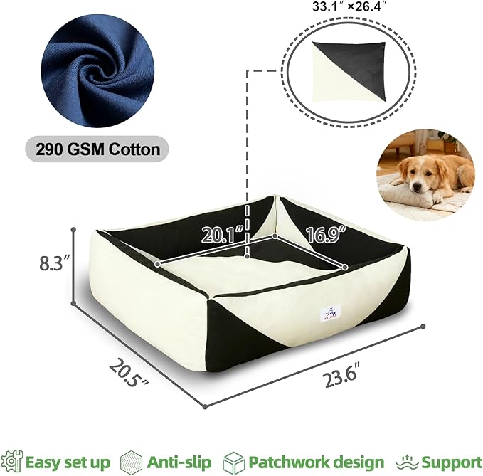 Washable Rectangle Dog Bed with Removable Cover, Color-Block Gingham Cotton Puppy Sofa, Breathable Scratch Resistant Pet Bed, Small
