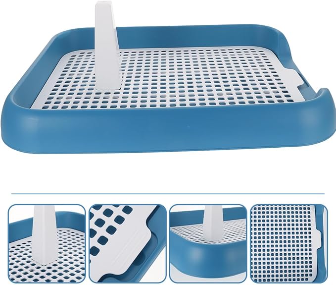 Dog Potty Tray with Wall Post: Indoor Puppy Training Toilet Blue Plastic Mesh Grate, Pee Pad Holder for Male Dogs, Keeps Paws Dry, Portable Pet Litter Box for Apartment