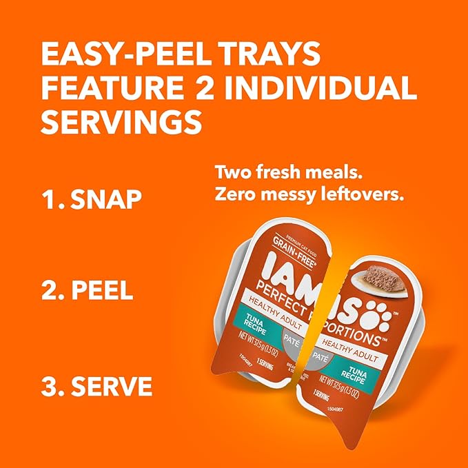 IAMS Perfect Portions Sensitive Digestion & Skin Wet Cat Food Pate, Healthy Adult Grain Free Pate, Tuna Recipe, 2.6 Oz. (24 Twin Packs)