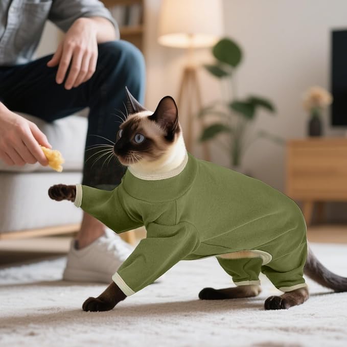 DENTRUN Cat Clothes for Hair Control with Hair Sticky Fabric - Soft Recovery Suit & Breathable Lint-Resistant Cat Sweater for Cats Only, Kitten Onesie Pajamas, XS, Army Green