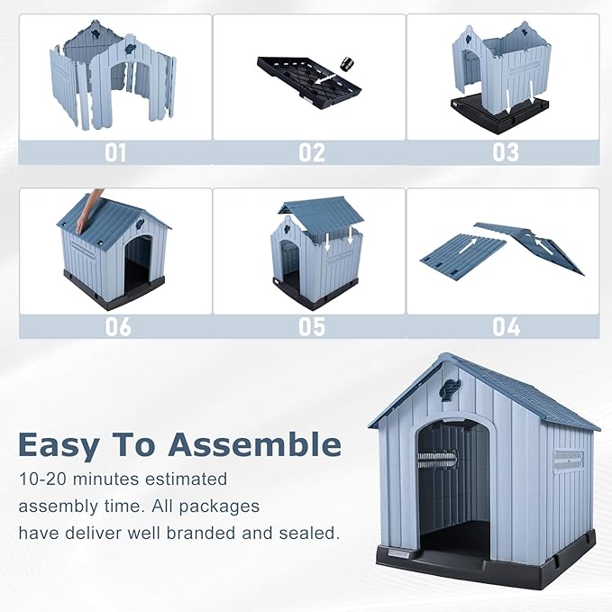 LEMBERI Plastic Dog House for Medium Dogs, Durable Waterproof Indoor Outdoor Doghouse with Air Vents and Elevated Floor, Easy to Assemble (Light Blue, 33.5" L x 31.5" W x 33.9" H)