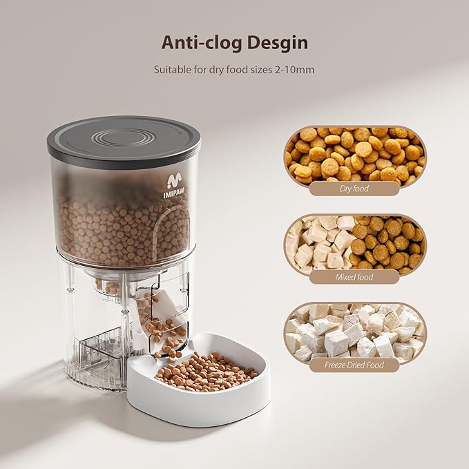 IMIPAW Automatic Cat Feeders, 3L Timed Cat Dry Food Dispenser with Desiccant Bags, Dual Power Supply, Programmable Portion Size, 6 Meals, 20 Portions Per Day, Auto Pet Feeder for Cats and Small Dogs