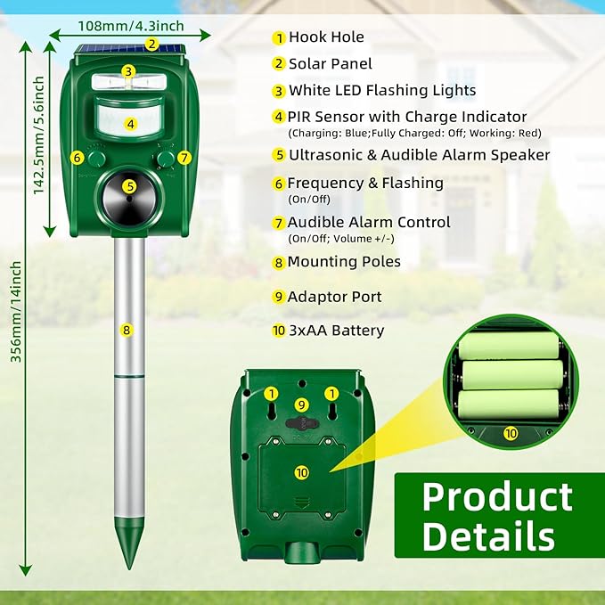 2026 Upgraded Solar Ultrasonic Animal Repellent Outdoor,Cat Squirrel Rabbit Dog Raccoon Rodent Deterrent Deer Repellent Devices,Waterproof Repeller with Motion Detection Flash Light for Yard,2 Pack