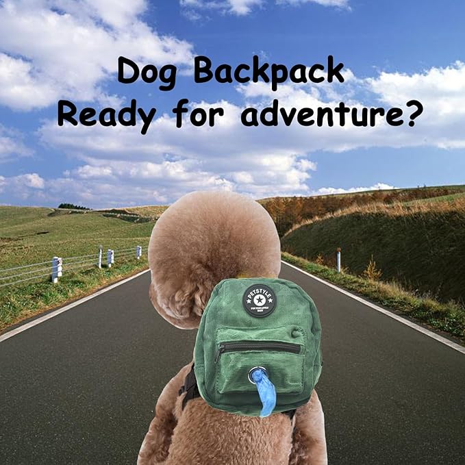 FLAdorepet Dog Backpack Harness with Leash, Dog Poop Bag Dispenser, Pet Self Carrier Adjustable Travel Hiking Walking Harness Backpack for Small Medium Dogs (L(Fit:10-15lb), Green)