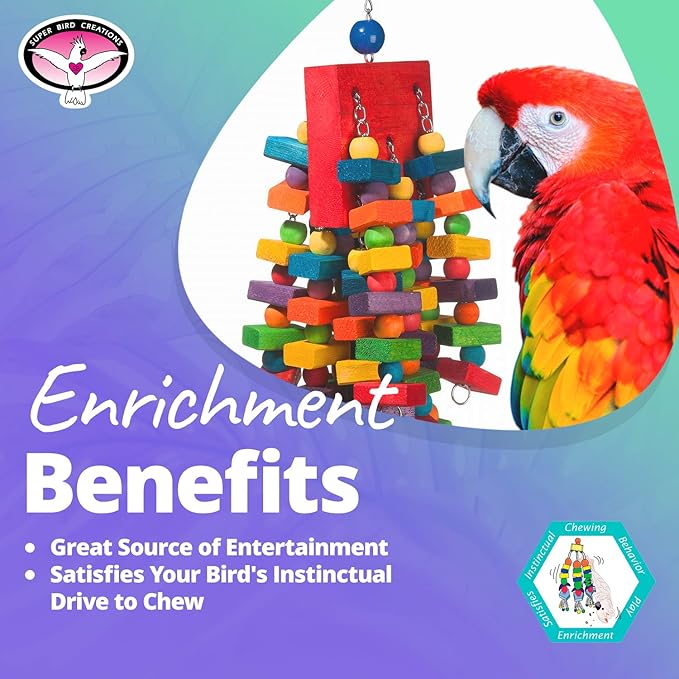 Super Bird Creations - SB439 Beakasaurus Bird Toy - Vibrant Bird Toy for Macaws, Parrots, Eclectus & African Greys with Chewable Elements - Perfect Toy for Beak Health - Large to XL Bird Size