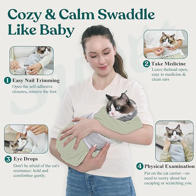 Supet Cat Grooming Wrap for Cutting Nails, Self-Adhesive Anti-Scratch Swaddle with Bite-Proof Mesh Hood & Thick Waist Strap Anti-Escape Bag for Nail Trimming, Medication, Ear Cleaning (Green S)