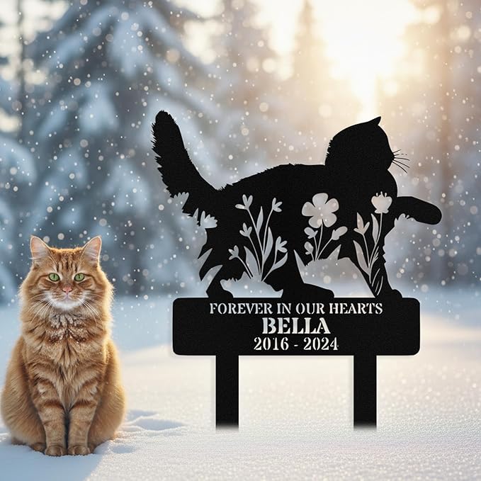 Custom Cat Grave Marker Outdoor, Personalized Metal Cat Memorial Grave Stake with Name and Date, Outdoor Waterrproof Cats Memorial Plaque