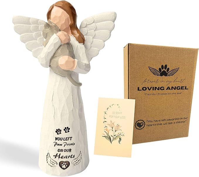 Cat Memorial Gifts for Loss of Cat, Pet Memorial Gifts for Cats, -Cat Statue Sculpted Hand-Painted Angel Figurines – Loss of Cat Sympathy Gift, Pet Loss Sympathy Gift, Cat Remembrance Gifts(Grey)