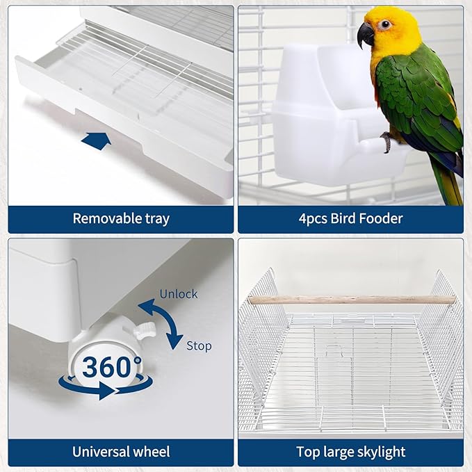 44Inch Small Bird Cage with Wheels, Bird Cage with Parrot Stand, 3 in 1 Bird Carrier for Parakeets, Canaries, Lovebirds, Small Quaker, Cockatiels, Budgie, Green Cheek,Conure