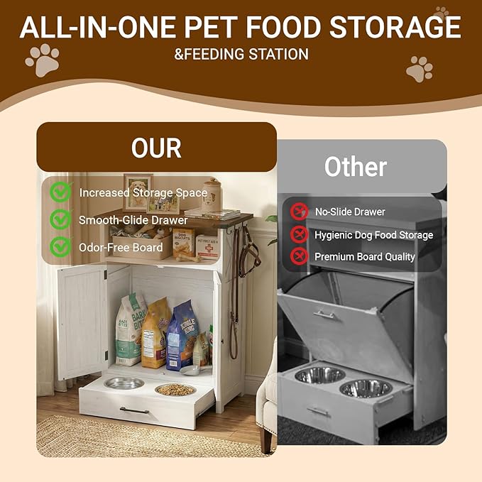 Dog Feeding Station with Storage Cabinet, Raised 2 Elevated Dog Bowls with Hidden Drawer, Pet Feeder Organizer with 3 Side Hooks, Large Capacity Dog Food Storage Cabinet