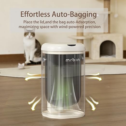 MRBIN Cat Litter Trash can Adsorption Metal, 30L / 7.9gal Automatic Absorbing Bag Diaper Pail, Garbage Bin with Wheels, cat Poop Odor Control Litter Box, Motion Sensor